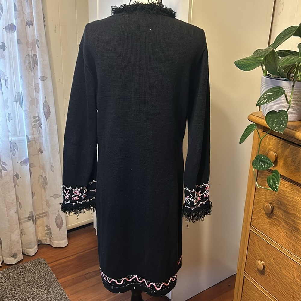 Storybook Knits Black Long Embroidered Cardigan with Pink & White Floral Accents - Picture 4 of 6